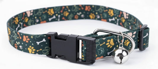 Kennel Adjustable Printed Nylon Puppy & Cat Collar with Click Buckle - Green Bones Print