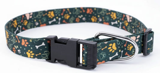 Kennel Adjustable Printed Nylon Dog Collar with Click Buckle – Green Bones Print
