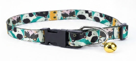 Kennel Adjustable Printed Nylon Puppy & Cat Collar with Click Buckle - Green Kitty Print