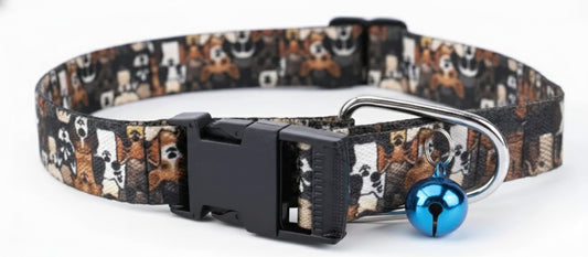 Kennel Adjustable Printed Nylon Puppy & Cat Collar with Click Buckle - Multi Face Brown Print