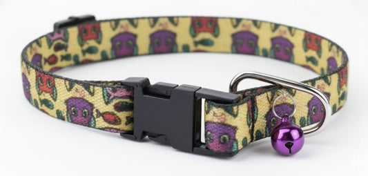 Kennel Adjustable Printed Nylon Puppy & Cat Collar with Click Buckle - Kitty Fishy Print