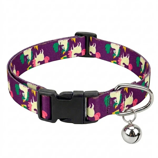 Printed Cat Collar with Bell & Click Buckle – Purple Unicorns