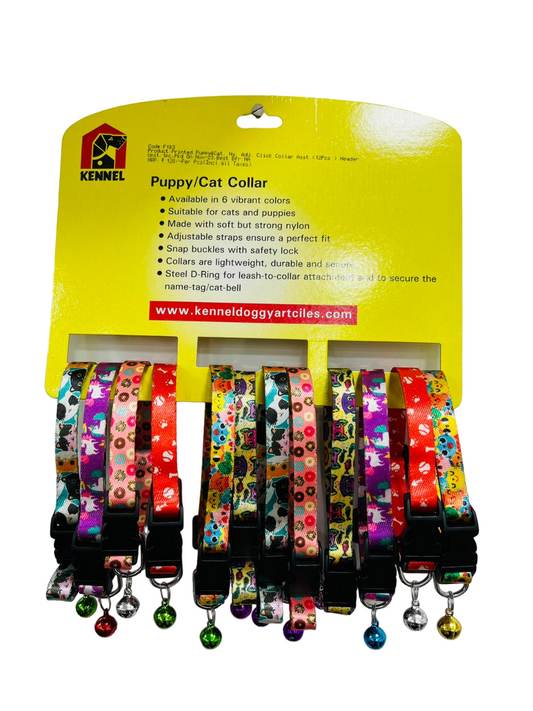 Kennel Adjustable Printed Nylon Puppy & Cat Collar with Click Lock (1/4 Inch) – 12 Pcs Header Pack